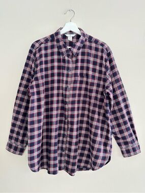 H&M Plaid Long-Sleeve Button-Down Shirt Women’s 14 Red/White/Navy 100% Cotton PO
